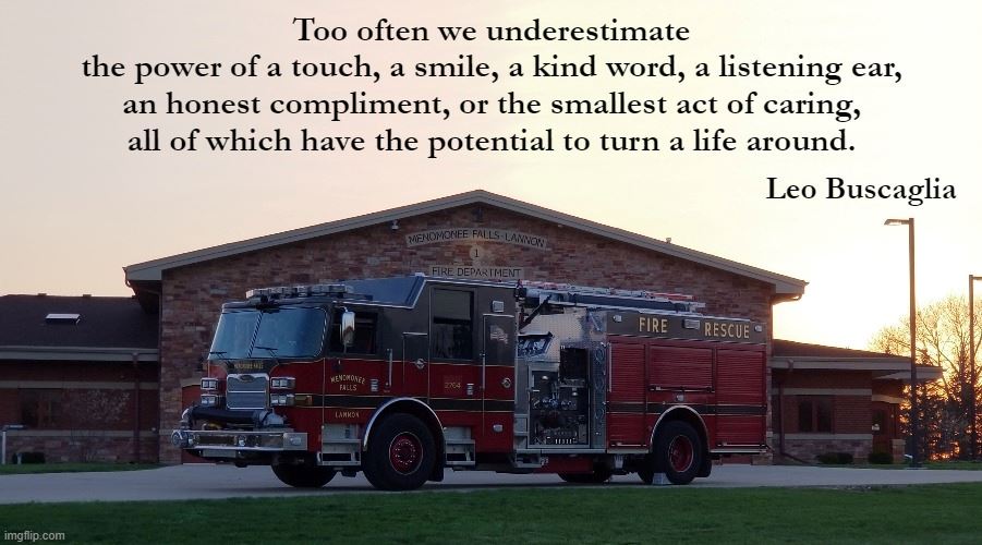 Silhouette of fire station at sunset with Kindness Quote