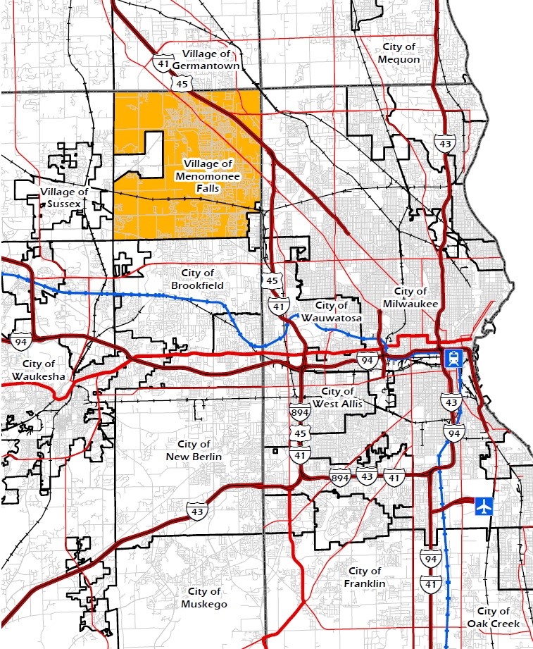 Map of Wisconsin with Menomonee Falls highlighted in yellow