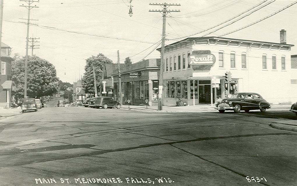 Main Street and Appleton Ave. looking east on Main Street.  Rexall now Ninos